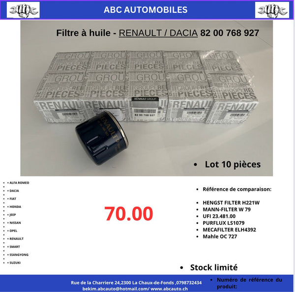 Filtre à huile d'origine Renault / Dacia 82 00 768 927 · lot de 10