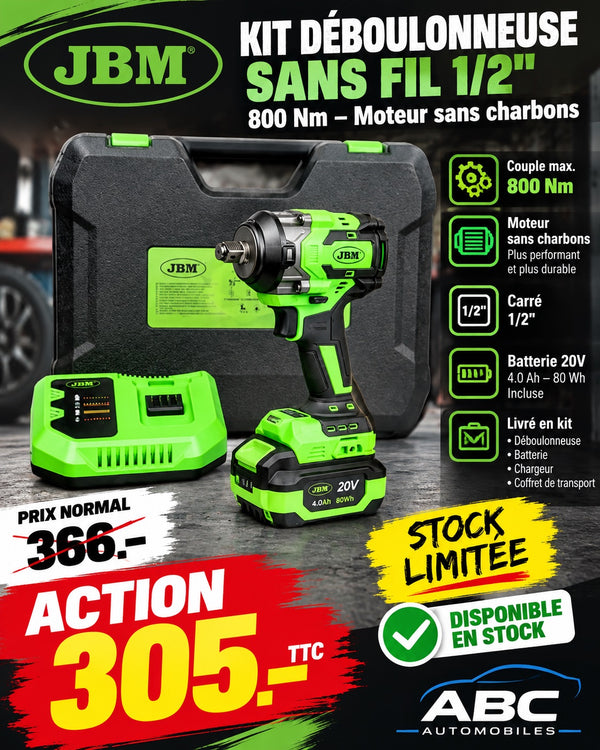 KIT DÉBOULONNEUSE SANS FIL 1/2" 800 Nm - Moteur sans charbons