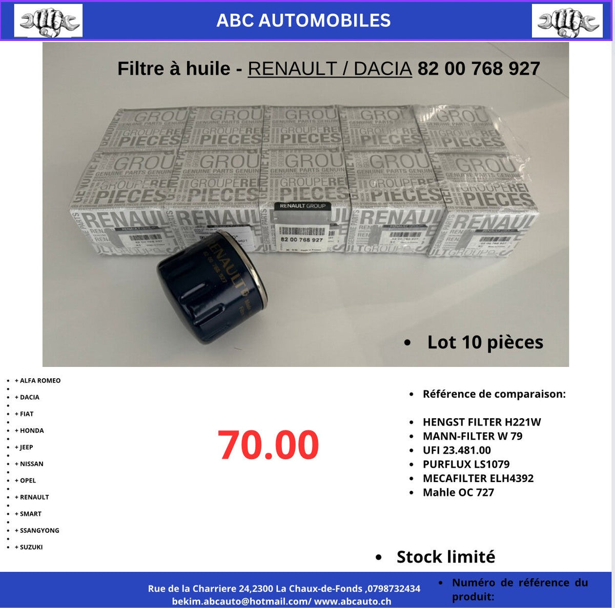 Filtre à huile d'origine Renault / Dacia 82 00 768 927 · lot de 10
