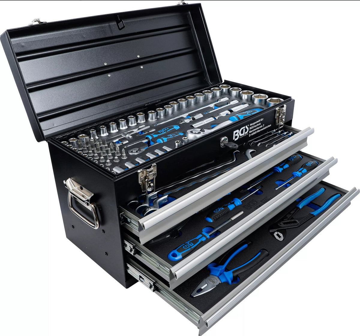 Caisse à outils métallique · 3 tiroirs · avec 143 outils