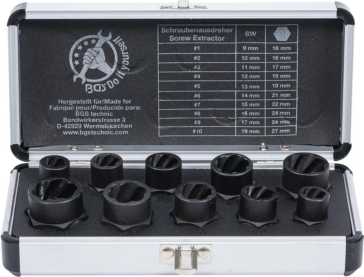 Jeu de douilles extractrices hélicoïdales · 10 mm (3/8") · 9 à 19 mm · 10 pièces